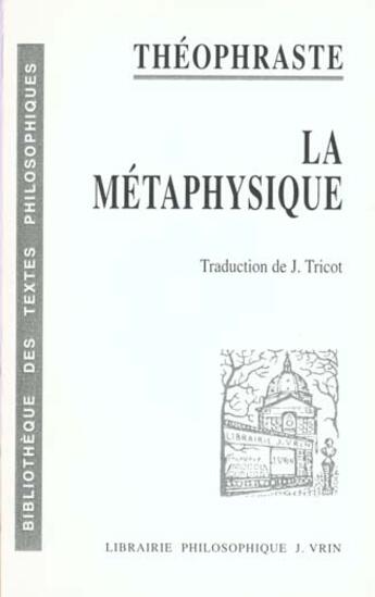 Couverture du livre « La metaphysique » de Theophraste aux éditions Vrin