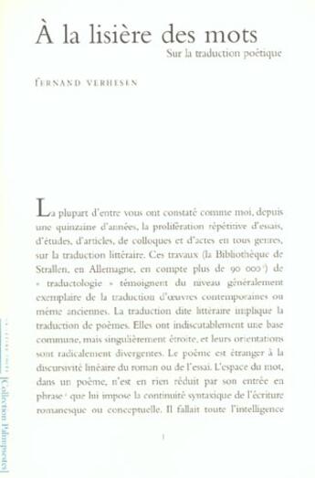 Couverture du livre « À la lisière des mots ; sur la traduction poétique » de Fernand Verhesen aux éditions Lettre Volee