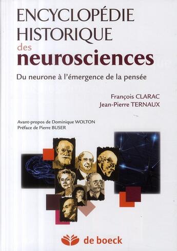 Couverture du livre « Encyclopédie historique de neurosciences ; du neurone à l'émergence de la pensée » de Francois Clarac aux éditions De Boeck Superieur