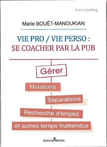 Couverture du livre « Vie pro/vie perso : se coacher par la pub ; gérer relations, séparations, recherche d'emploi et autres temps inattendus » de Marie Bouet-Manoukian aux éditions Melibee