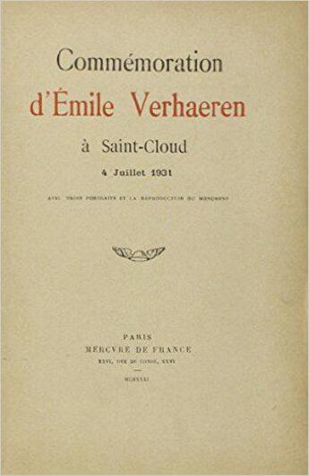 Couverture du livre « Commemoration d'emile verhaeren a saint-cloud, 4 juillet 1931 » de Emile Verhaeren aux éditions Mercure De France