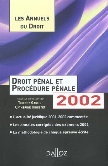 Couverture du livre « Droit Penal & Pp 2002 Annuels Droit » de Gare-T+Ginestet-C aux éditions Dalloz