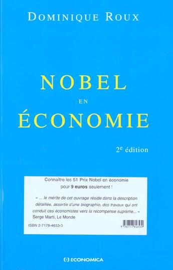 Couverture du livre « Nobel En Economie ; 2e Edition » de Dominique Roux aux éditions Economica