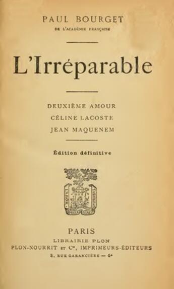 Couverture du livre « L'Irréparable » de Paul Bourget aux éditions 