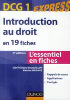 Couverture du livre « DCG 1 ; introduction au droit en 19 fiches (5e édition) » de Jean-Francois Bocquillon et Martine Mariage aux éditions Dunod