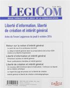 Couverture du livre « Legicom t.58 ; liberté d'information, liberté de création et intérêt général » de Legicom aux éditions Dalloz