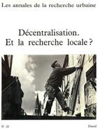 Couverture du livre « Les annales de la recherche urbaine n 20 (1983) » de  aux éditions Annales De La Recherche Urbaine