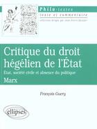Couverture du livre « Marx, critique du droit hegelien de l'etat » de Francois Guery aux éditions Ellipses