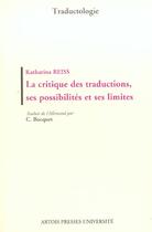 Couverture du livre « La Critique des traductions, ses possibilités et ses limites » de Katharina Reiss aux éditions Pu D'artois