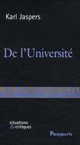 Couverture du livre « De l'université » de Karl Jaspers aux éditions Parangon