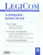 Couverture du livre « Legicom n34 la photographie : questions de droit - revue thematique de droit de la communication » de Lassalle/Ader aux éditions Victoires